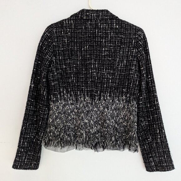 Rickie Freeman Teri Jon Tweed Jacket Black & White Fringe Size 6 - Picture 2 of 5